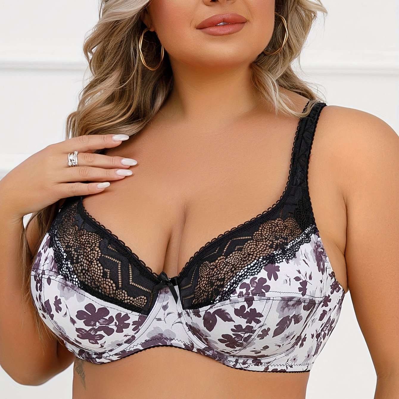 Plus Size Lace Bra Underwire Floral Print Bow Detail Stretch Fabric Women No Padding