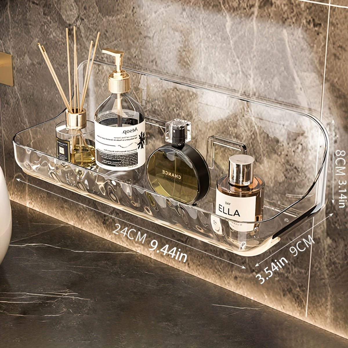 Wall Mount Clear Acrylic Bathroom Shelf No Drilling 24cm for Cosmetics Toiletries