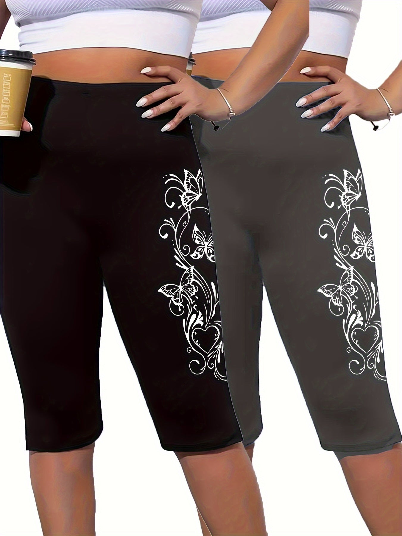 Plus Size Butterfly Print Capri Leggings High Waist Stretchy Spring Summer Women