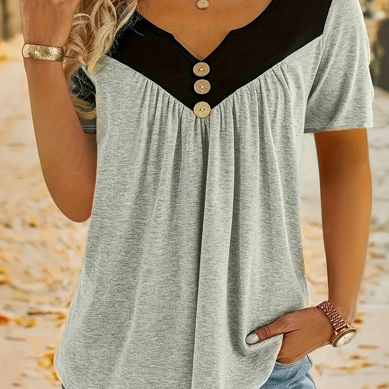 Plus Size Ruched Button Decor Notch Neck Short Sleeve T-Shirt for Women