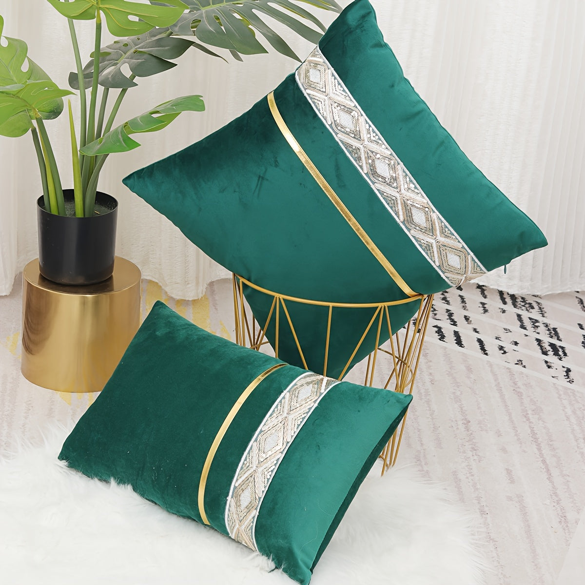 Funda de cojín decorativo de encaje de diamantes de terciopelo, reversible con cremallera, resistente a manchas