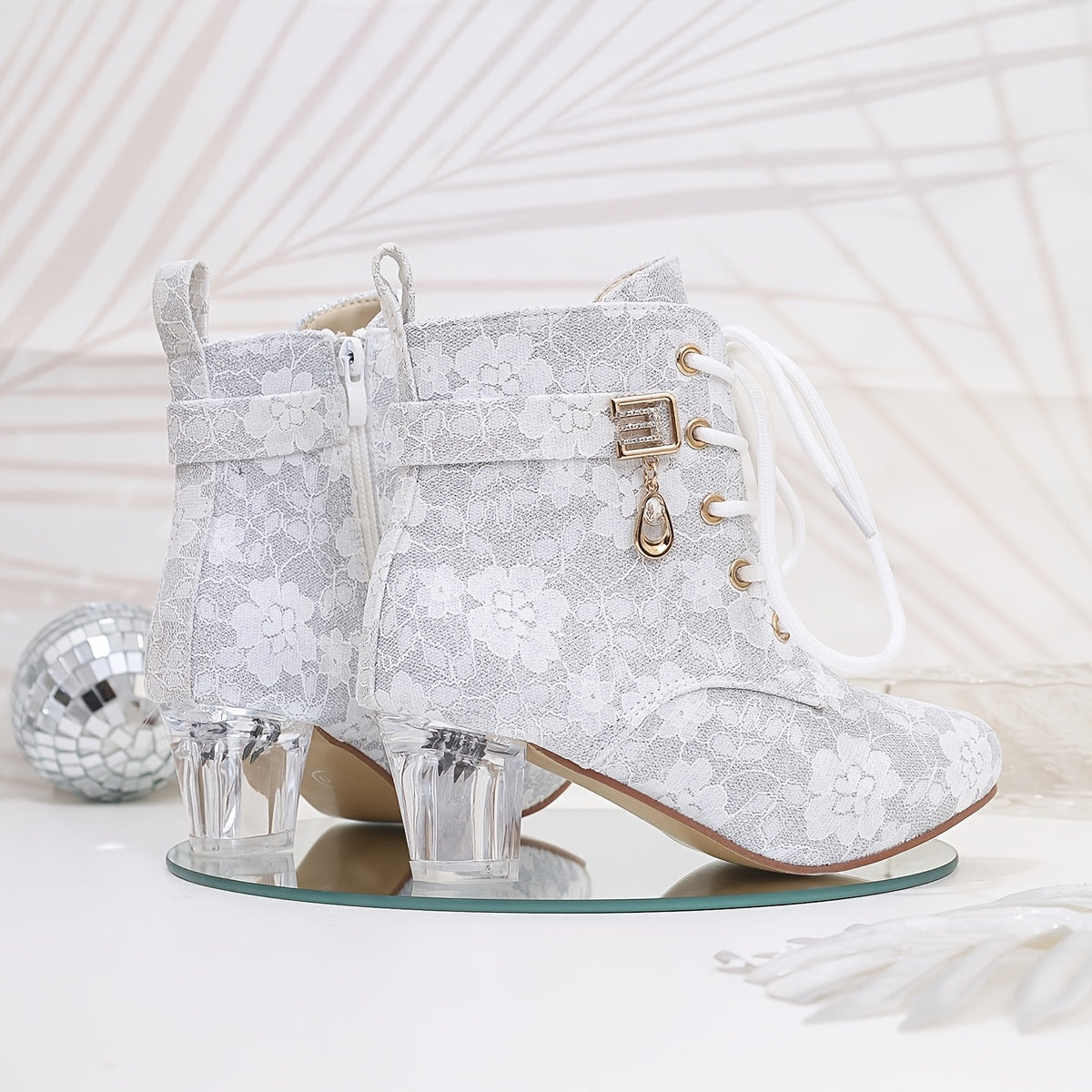 Women's Floral Lace-Up Chunky Mid-Heel Ankle Boots with Pointed Toe