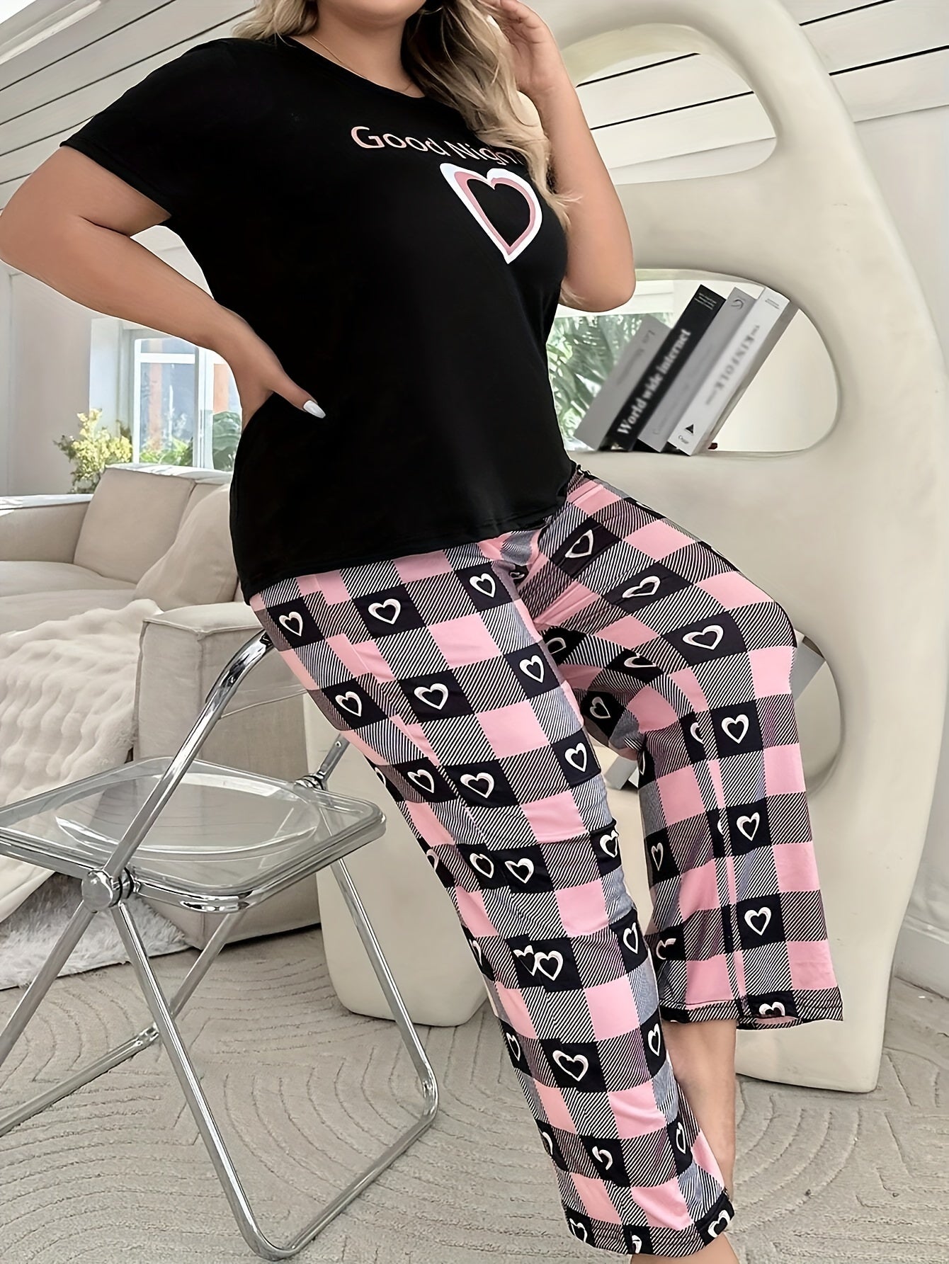 Women's Heart Pajama Set Short Sleeve Long Pants Cozy Polyester Blend