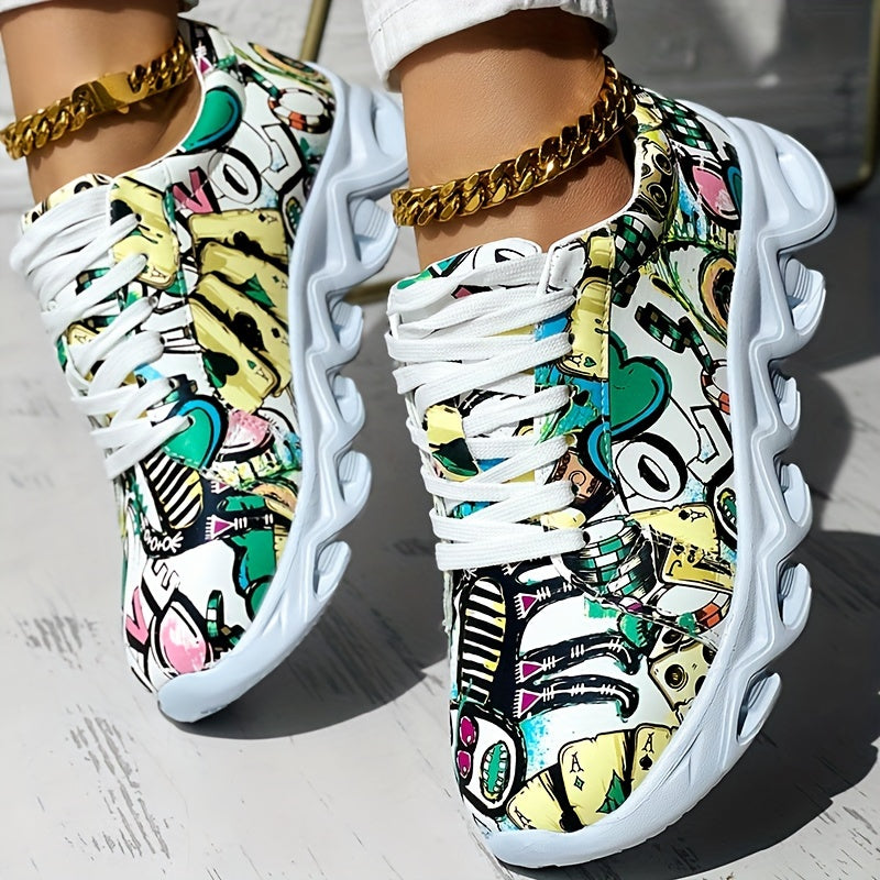 Women's Canvas Sneakers Casual Low Top Outdoor Shoes with Graffiti Pattern