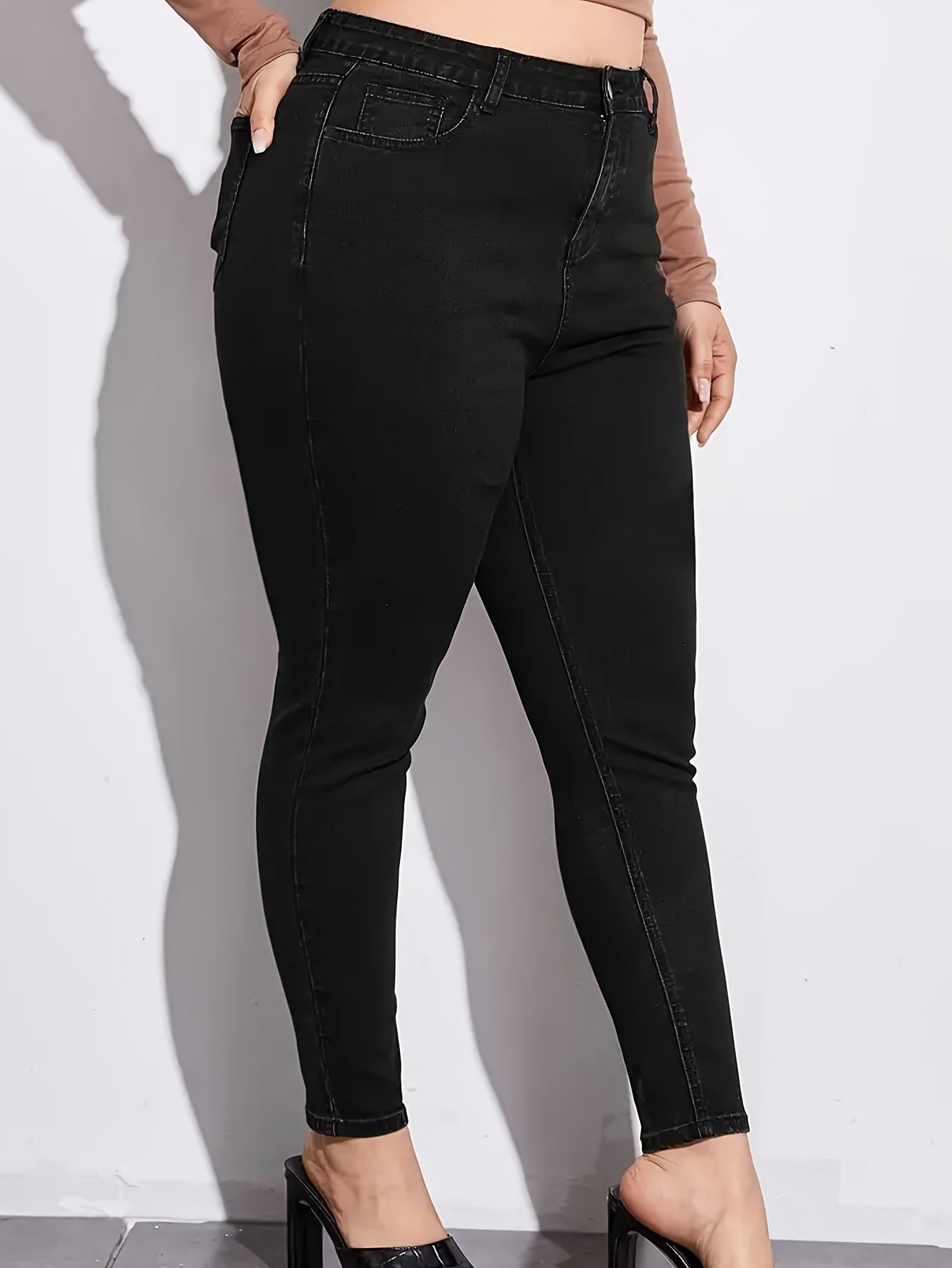 Plus Size Women’s Denim Skinny Jeans High Rise Solid Button Fly