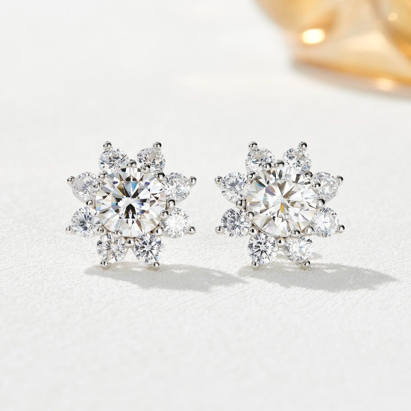 Sunflower Moissanite Stud Earrings 0.5 1 2 3 Carat Flower Shape Silver Jewelry