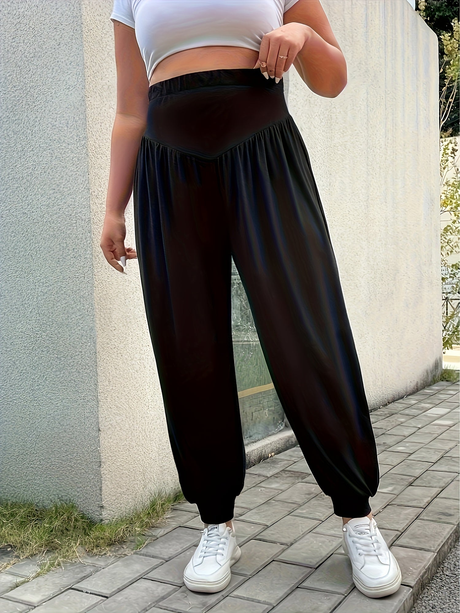 Plus Size Casual Vacation Pleated Pants Elastic Waist Long Trousers