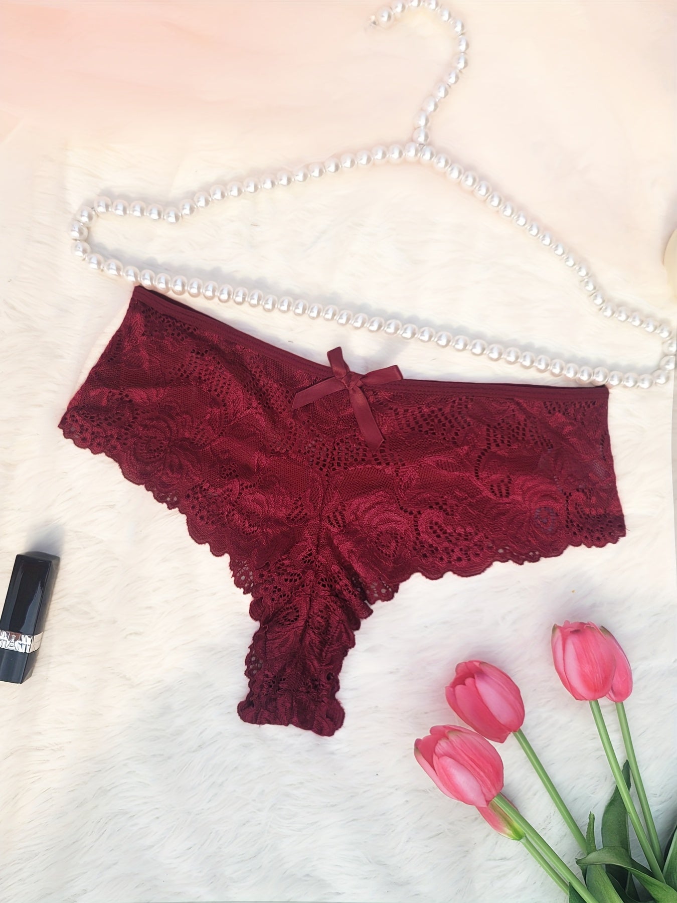 Bragas de encaje transparente de talla grande para mujer, con borde de encaje, flores rojas, de tiro medio
