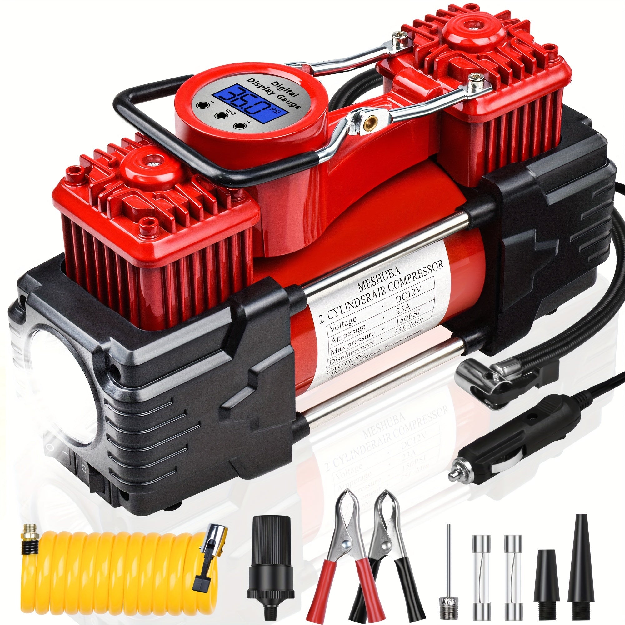 Портативный тяжелый двухцилиндровый воздушный компрессор 12 В с цифровым манометром