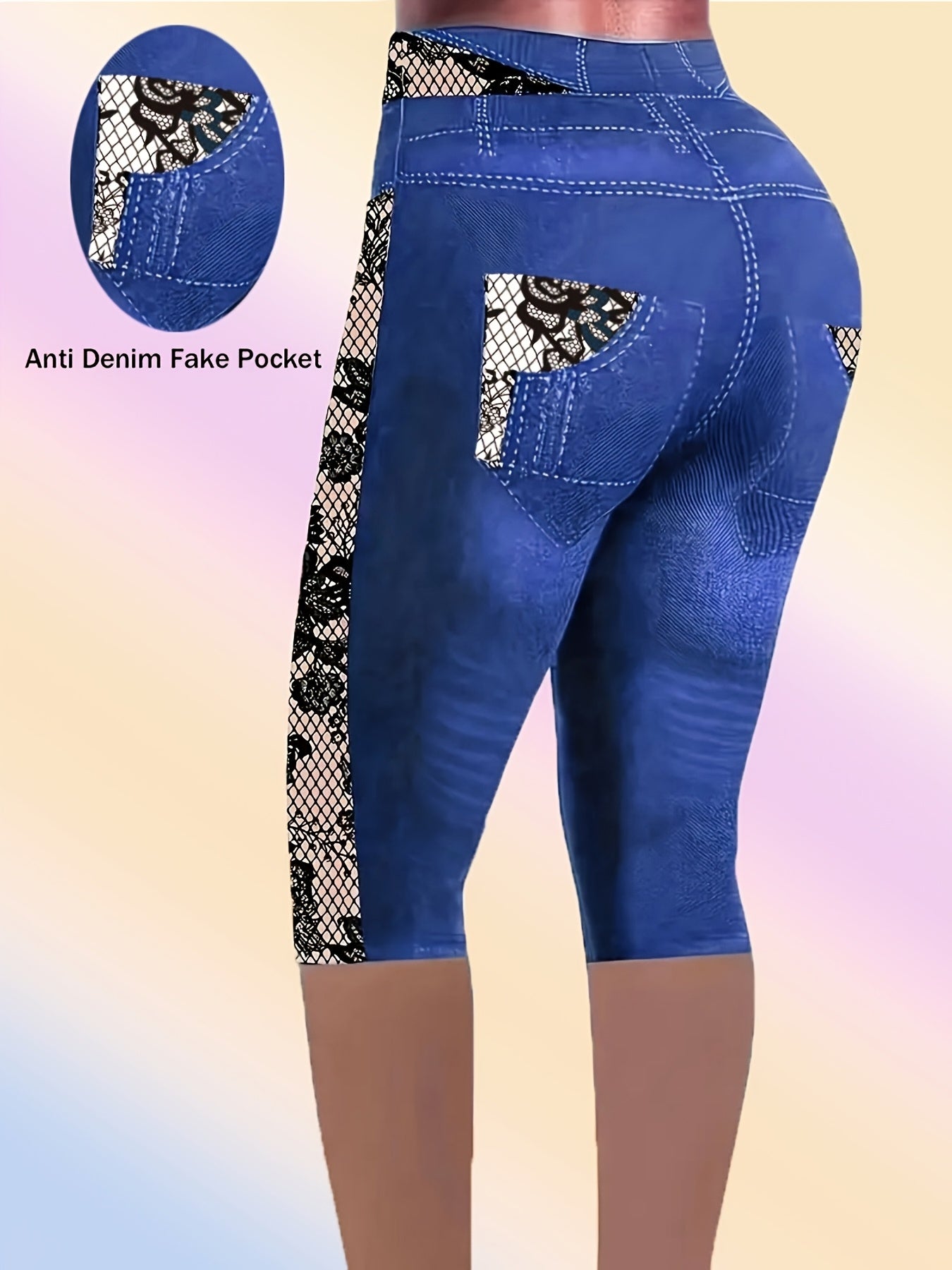 Leggings de mezclilla de talle alto para mujer de tallas grandes con estampado de encaje de calavera