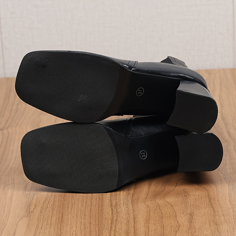 Women's Solid Color Minimalist Slip-On Boots with Chunky Heels