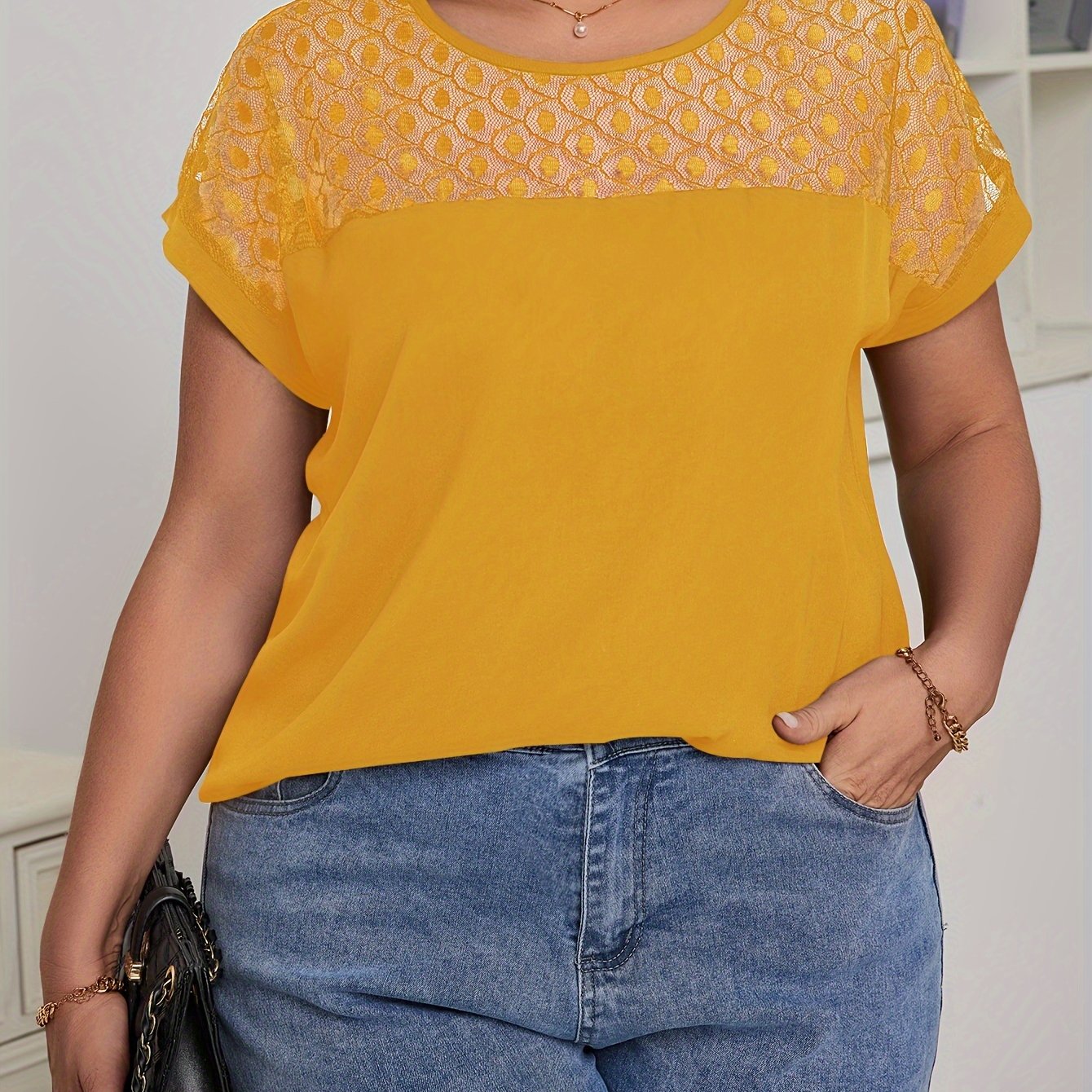 Women Plus Size Lace Stitching Crew Neck Blouse Casual Short Sleeve Spring Summer