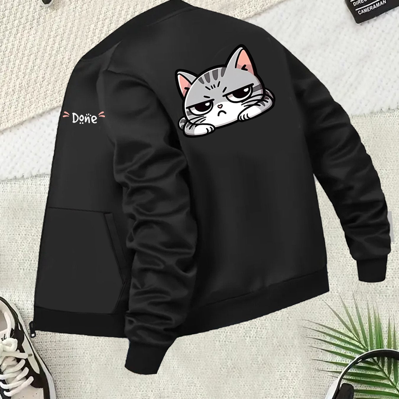 Plus Size Women's Casual Black Baseball Collar Zip-Up Jacket with Cartoon Cat Print