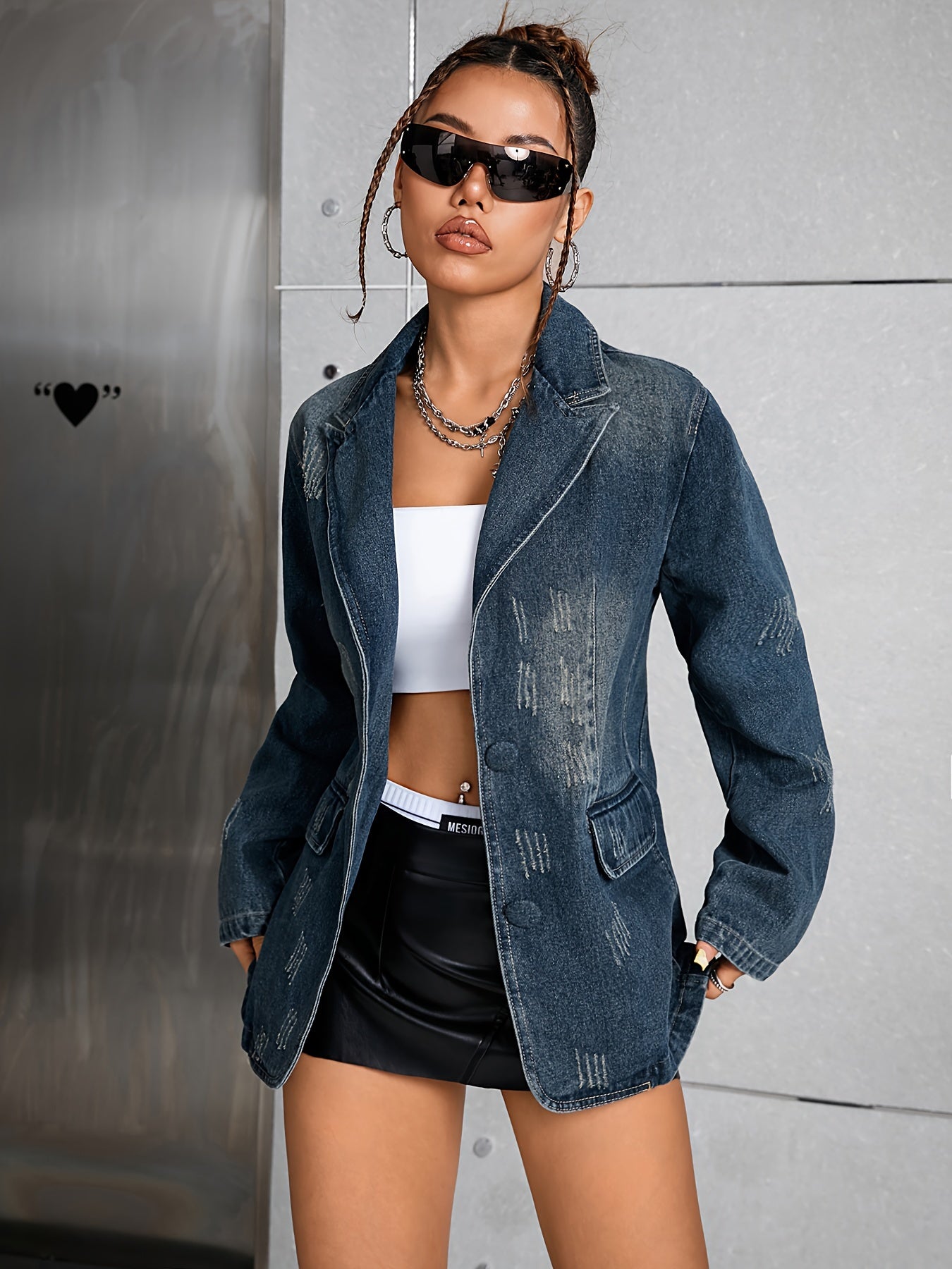 Women's Denim Blazer with Cat Paw Print, Long Sleeves, Mid-Length, Boyfriend Fit for Spring Fall