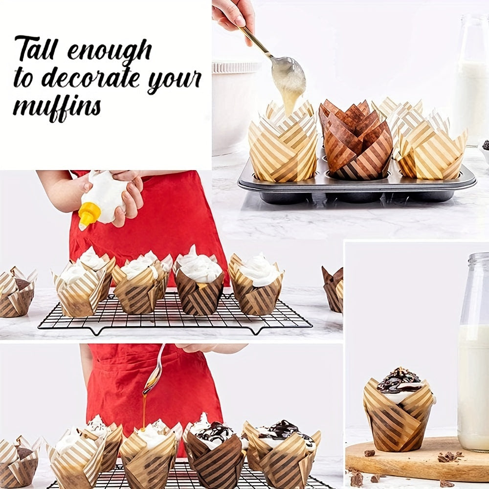 Set of 50 Disposable Tulip Muffin Cups with Cloud Stripes Newspaper Pattern, Greaseproof Paper Liners