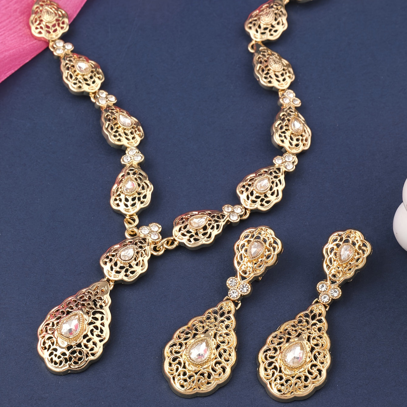 Water Drop Charm Necklace and Earrings Set with Rhinestones for Brides and Weddings