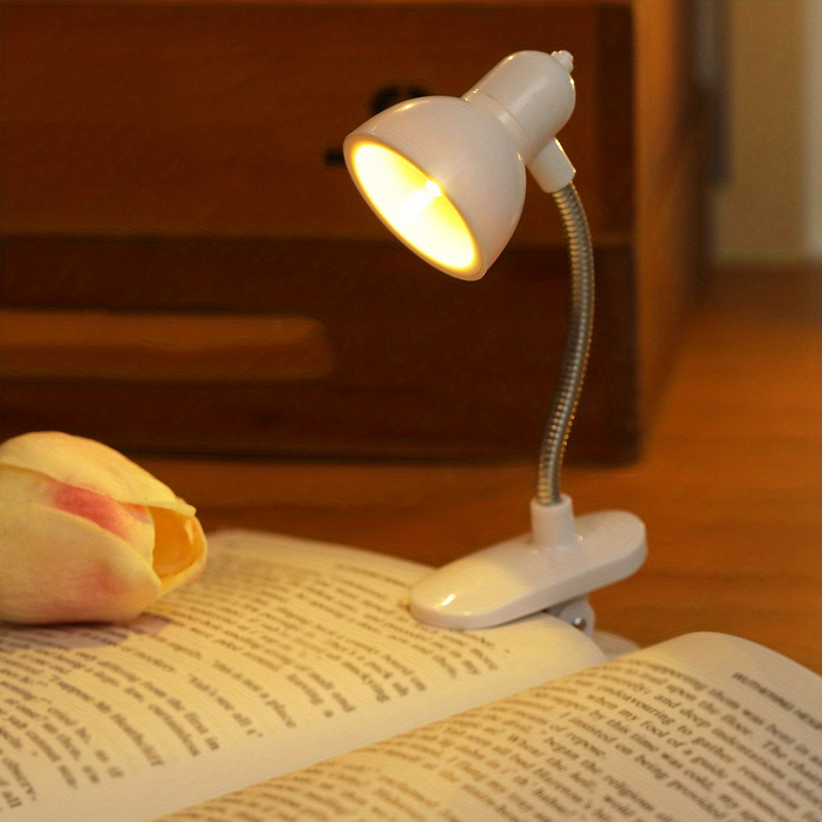 Mini Clip-On Reading Lamp with Push Button Control Adjustable Arm Night Light Plastic