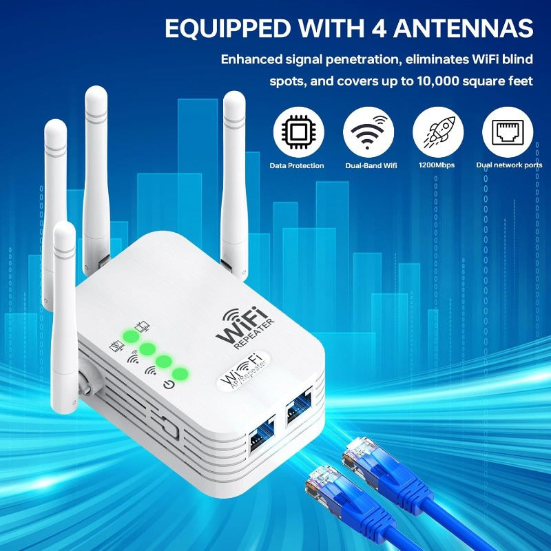 High-Speed WiFi Extender Signal Booster Dual-Band Supports 150 Devices Large Area Coverage