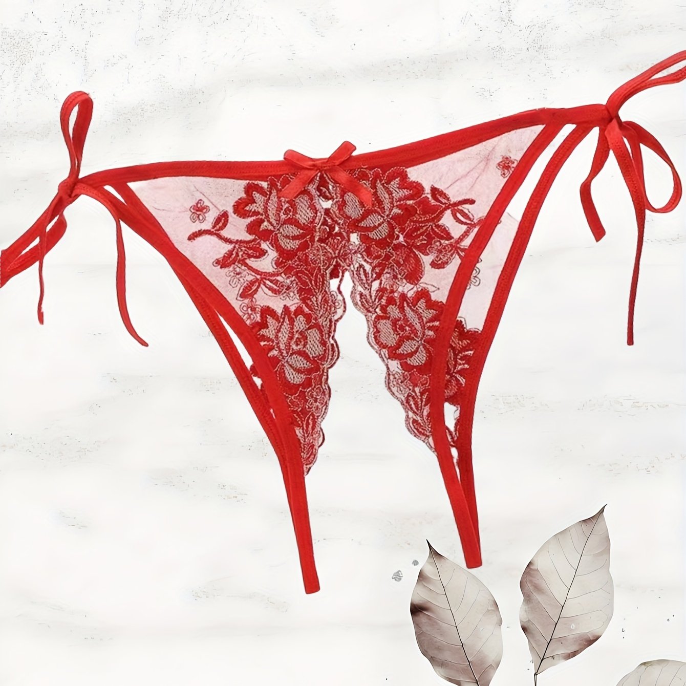 Women's Embroidered Floral Garter Thong Panties with Adjustable Slit and Knit Fabric