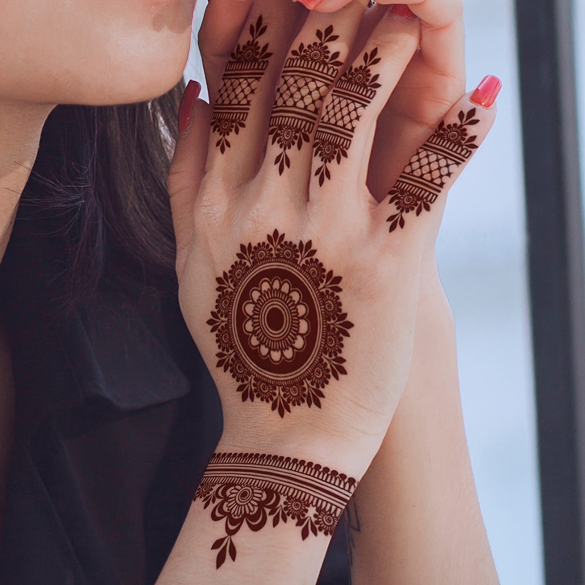 4-Pack Red Henna Lace Floral Pattern Temporary Tattoos for Hand and Body