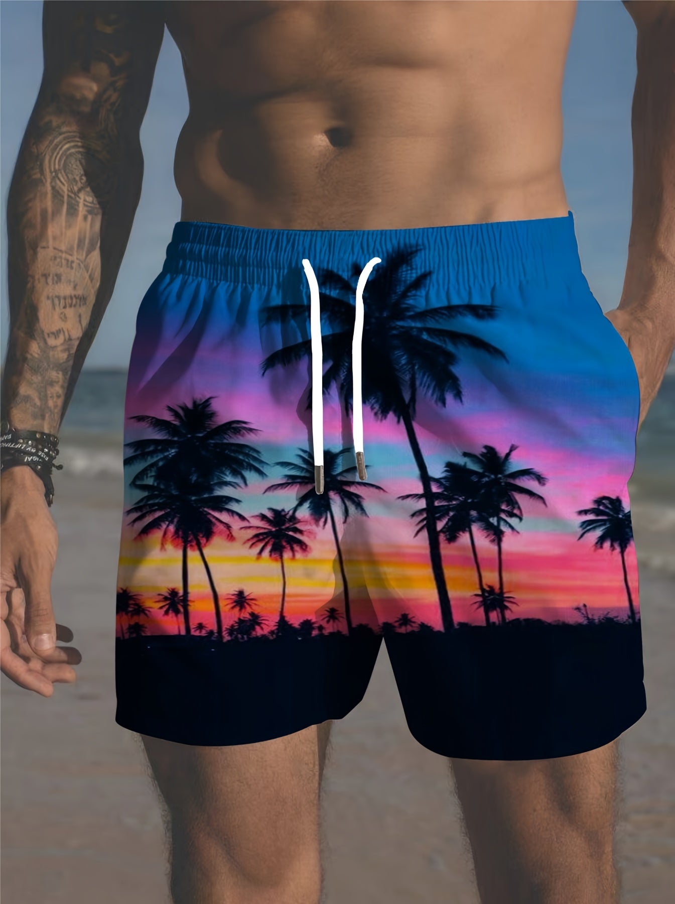 Yozgi ta'til uchun erkaklar uchun plussiz tropik kayfiyatli grafik taxta shortiklari