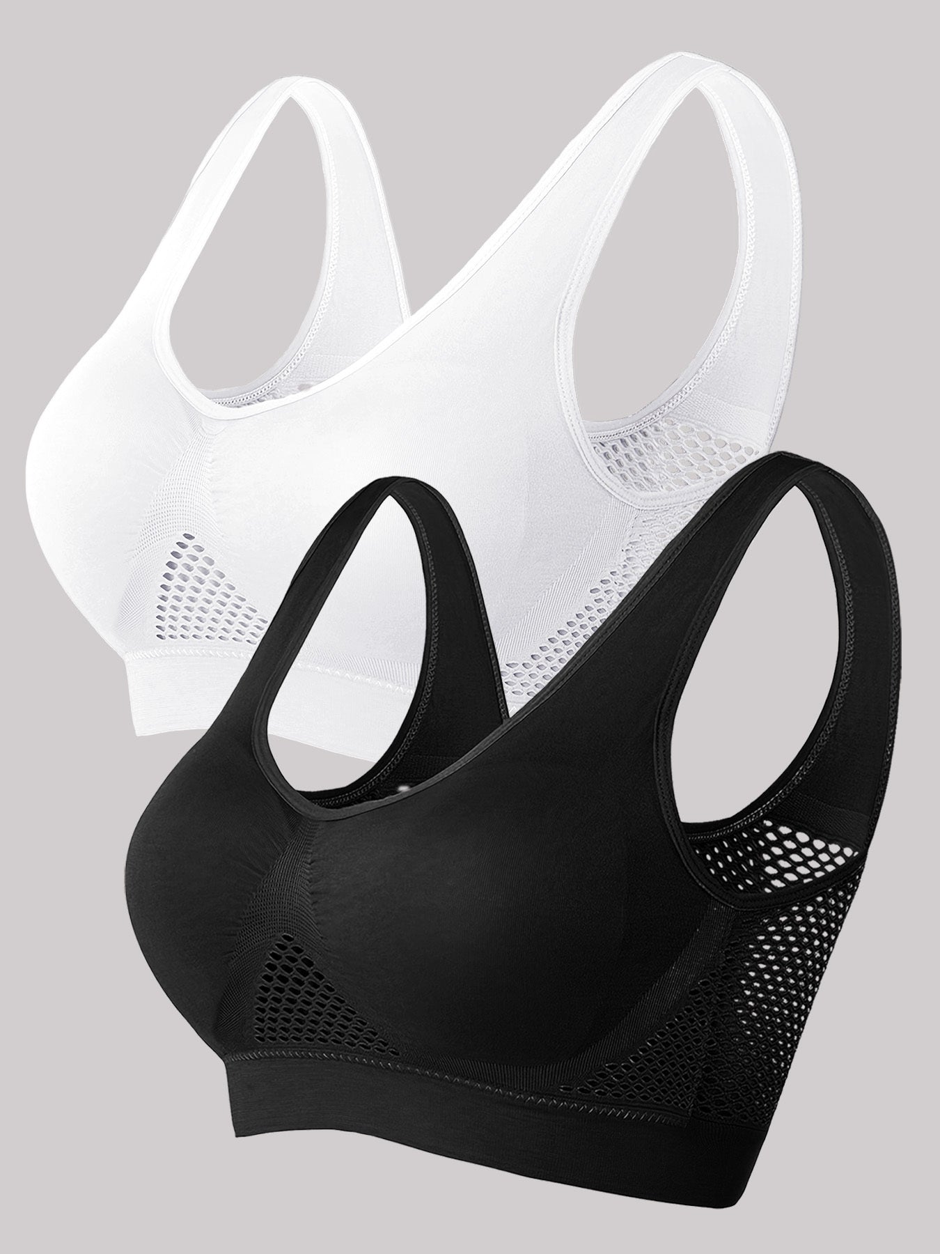 Plus Size Sports Bras Breathable Mesh No Underwire Padded Cups Black Beige