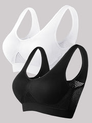 Plus Size Sports Bras Breathable Mesh No Underwire Padded Cups Black Beige