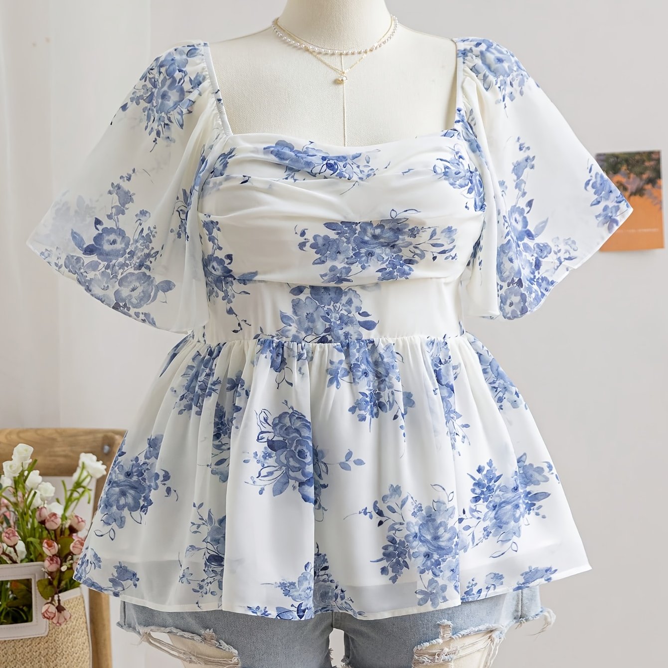 Plus Size Women's Floral Print A-Line Top Ruffled Neck Short Sleeve Polyester