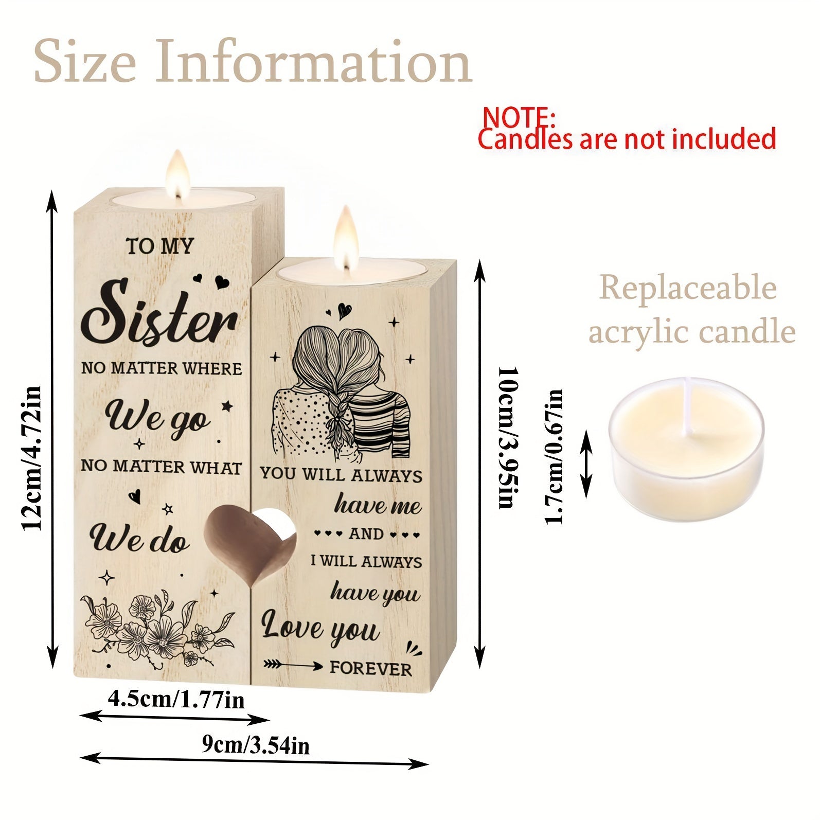 Porta velas en forma de corazón para hermana sin velas