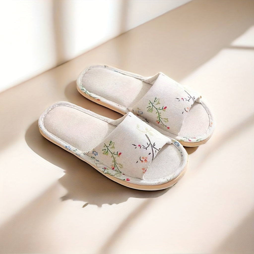 Women Flower Pattern Slippers Open Toe Linen Indoor Shoes