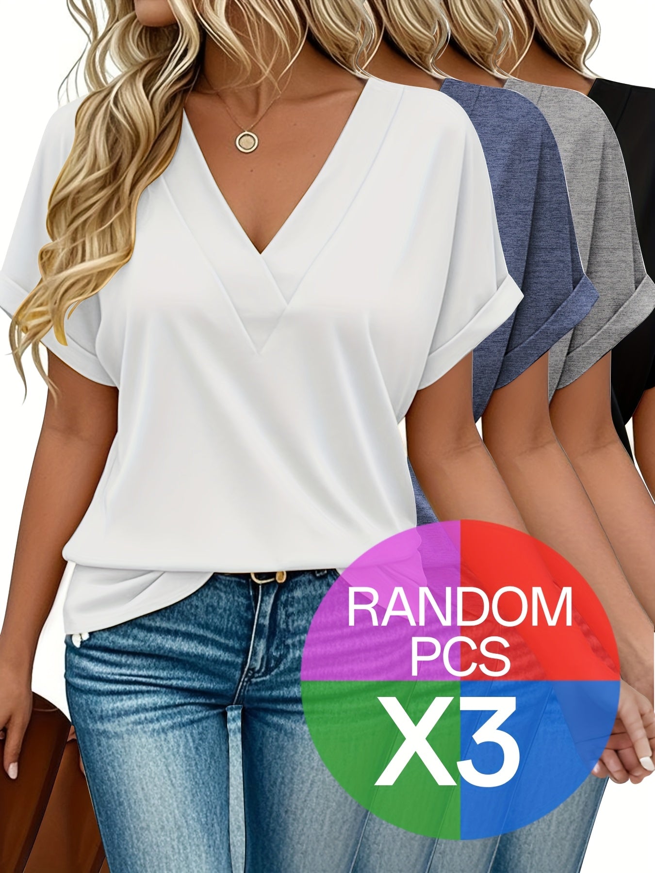 Women's Basic T-Shirts 3 Pack Cotton Casual Tops in White Grey Black