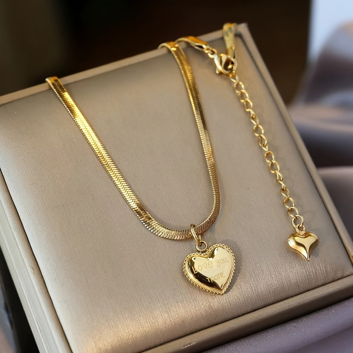Women’s Heart Pendant Necklace Snake Chain 18K Gold Plated Stainless Steel Gift