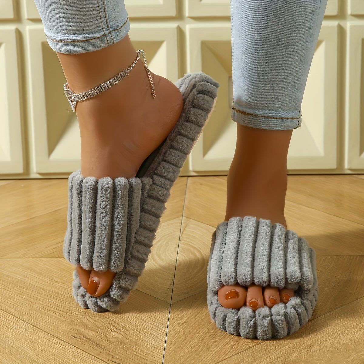 Indoor Slippers Women Soft-Soled Striped Open Toe Fabric Spring Summer