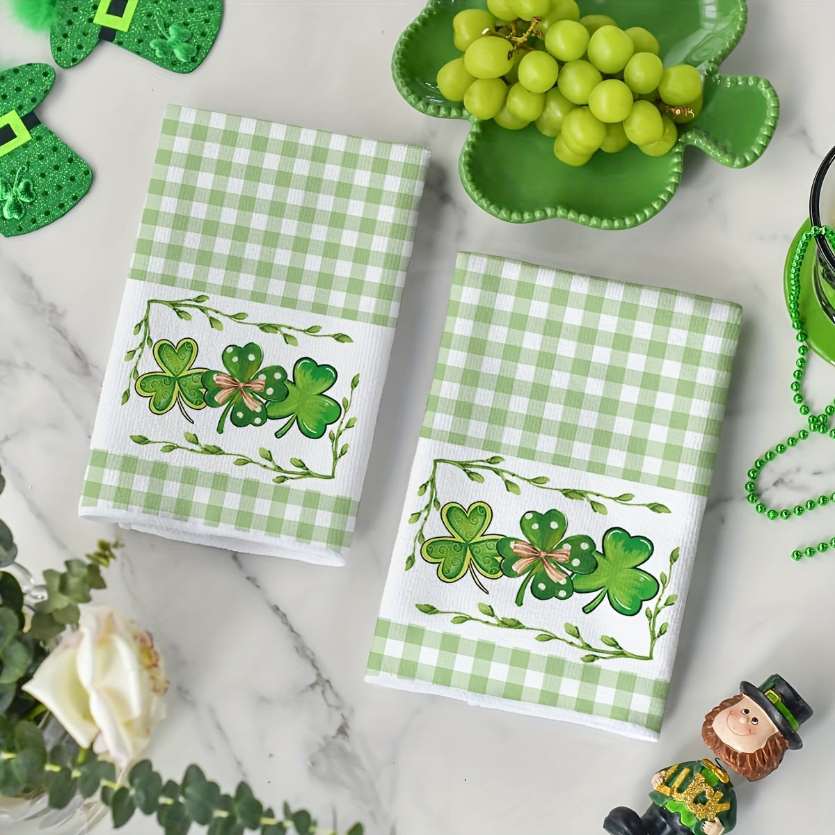 Buffalo Check Clover Kitchen Towels 40x60cm Farmhouse Decor for St Patrick's Day
