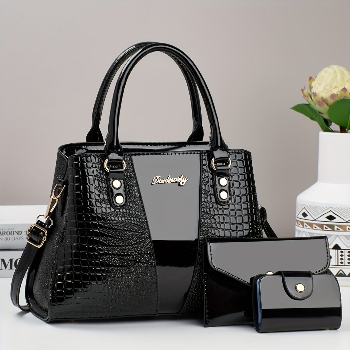 3-Piece PU Handbag Set with Crocodile Pattern Crossbody Shoulder Bag and Coin Purse