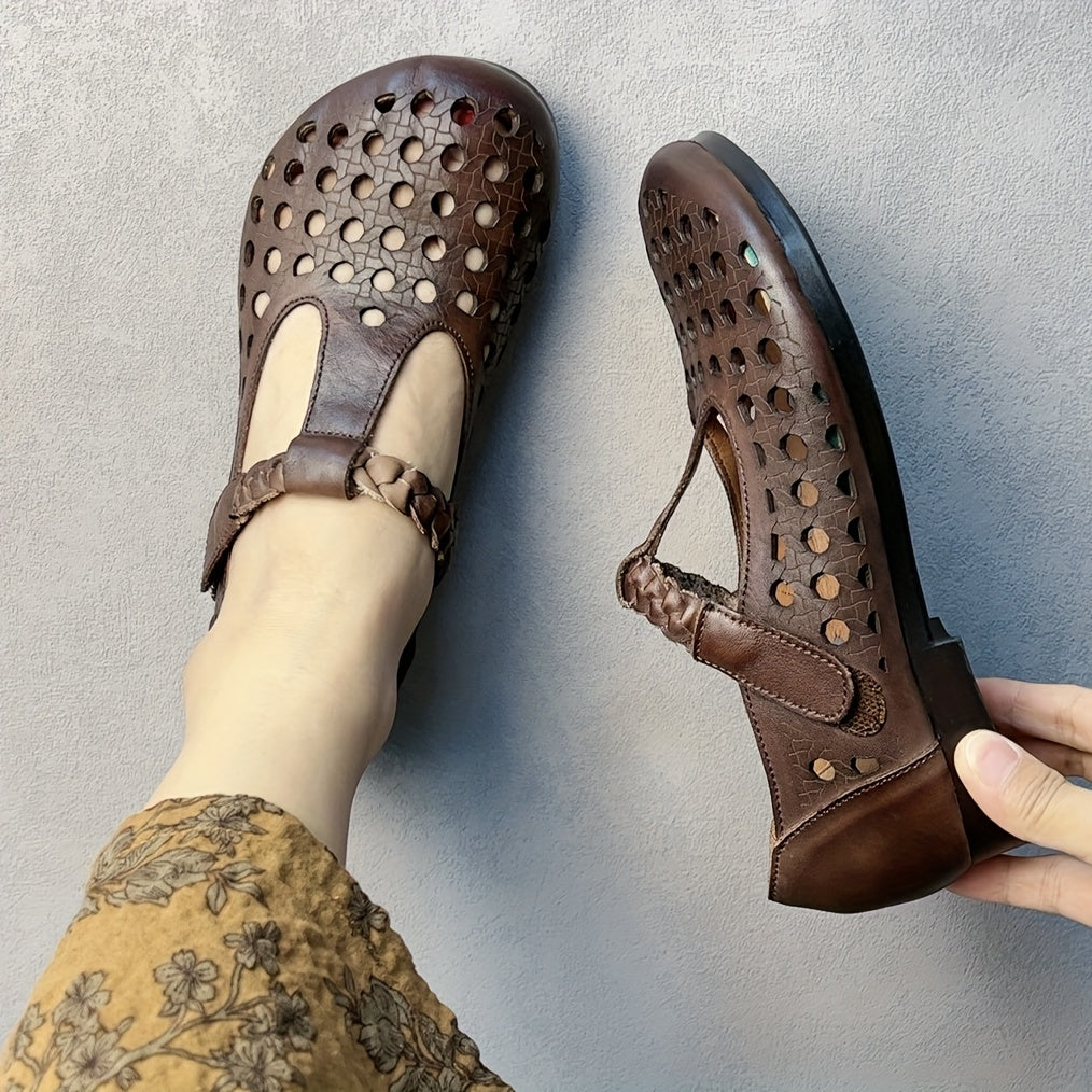 Women's Genuine Leather Mary Jane Flats with Adjustable T-Strap Breathable Summer Shoes