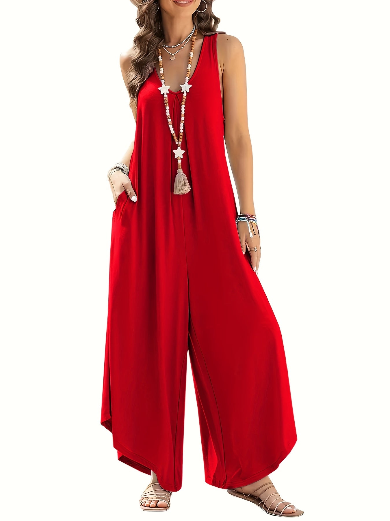 Women's Plus Size V-Neck Jumpsuit with Pockets, Wide Leg, Solid Red