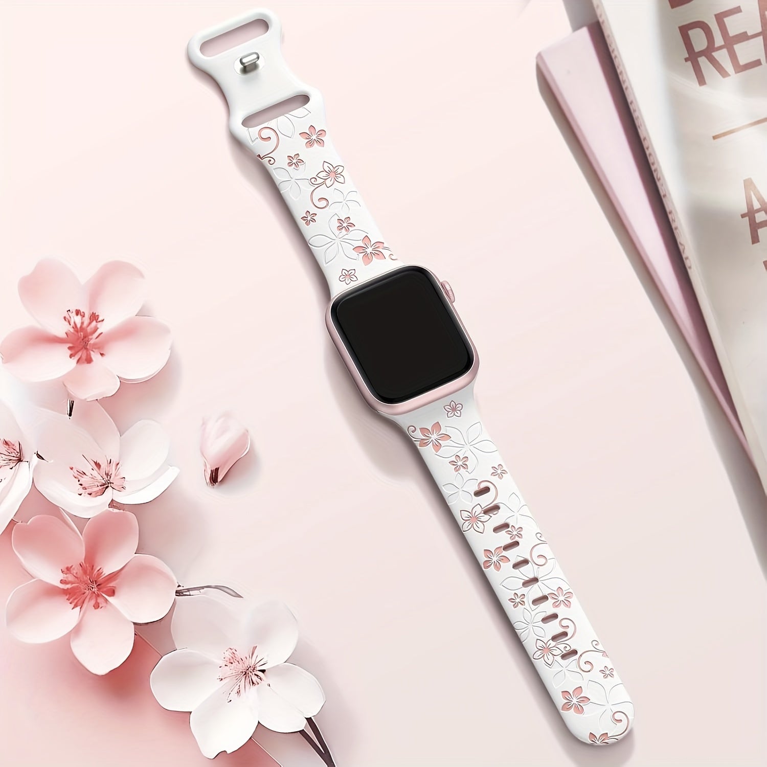 Waterproof Floral Silicone Watch Band with Butterfly Clasp for Apple Watch Series 1-10 SE in Multiple Colors