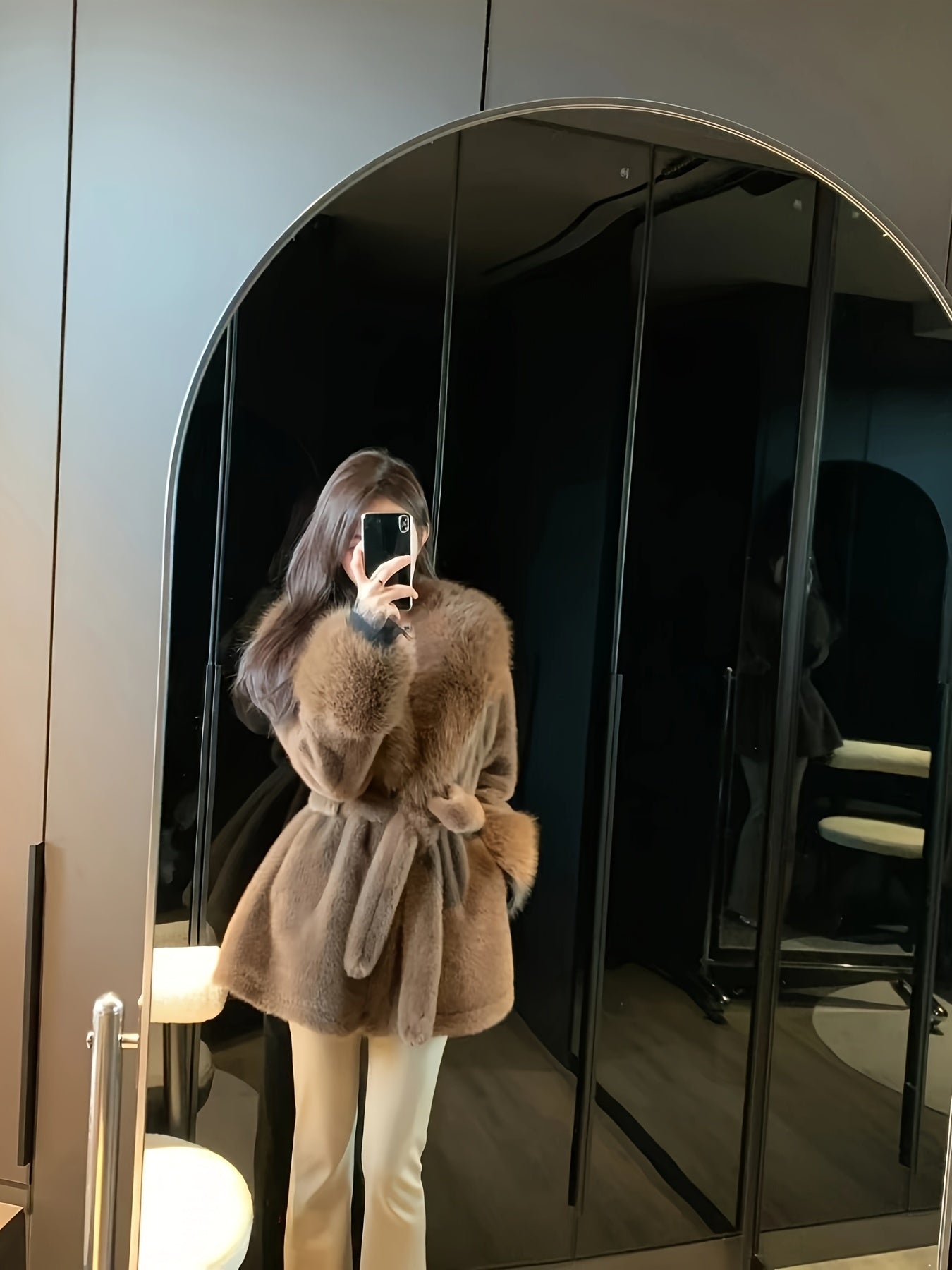 Women's Faux Fur Hooded Coat with Belt Long Sleeve Mid-Length Winter Chic