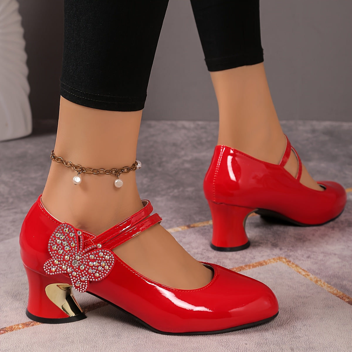 Women Black High Heel Pumps Sparkling Bow Durable Polyurethane