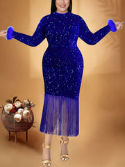 Plus Size Sequin Fringe Hem Bodycon Dress Long Sleeve Party Banquet