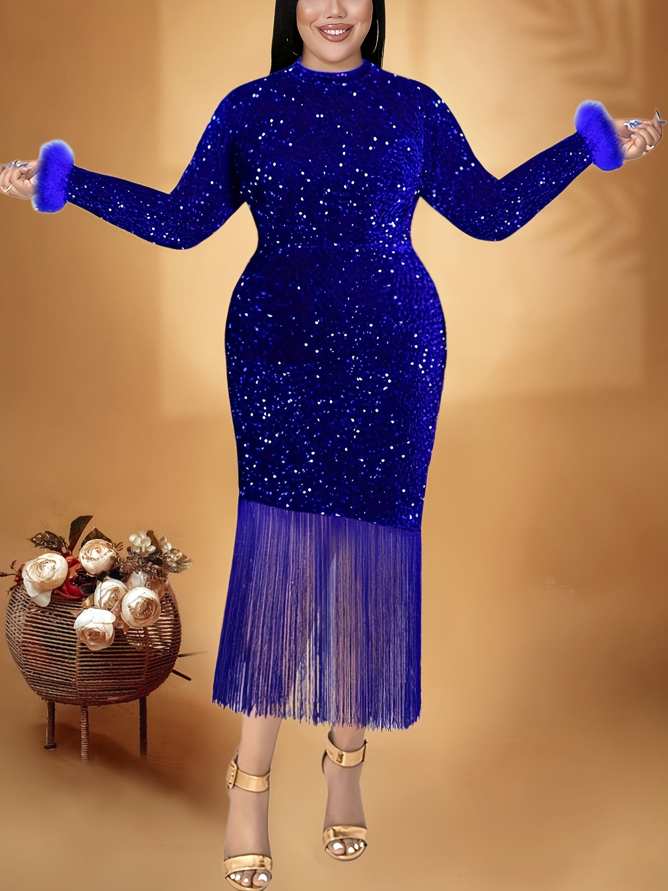 Plus Size Sequin Fringe Hem Bodycon Dress Long Sleeve Party Banquet