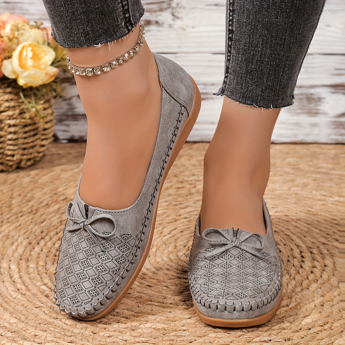 Women's Casual Slip-On Flat Shoes with Bow Pink Geometric Pattern