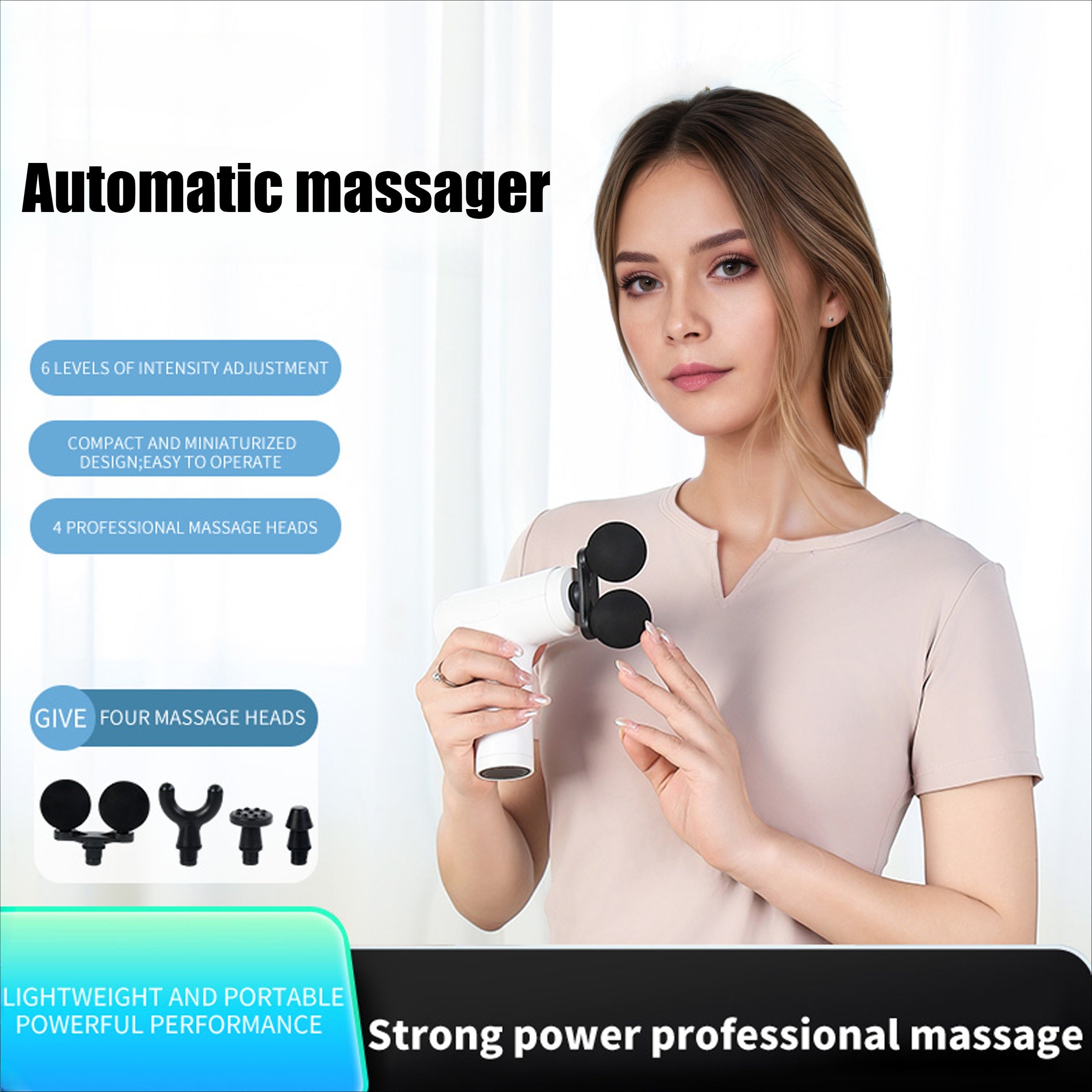 LCD displeyli, 4 boshli, 6 tezlikda, 1200mAh batareyali portativ mini elektr massajchi - minta yashil, oq, qora va pushti.
