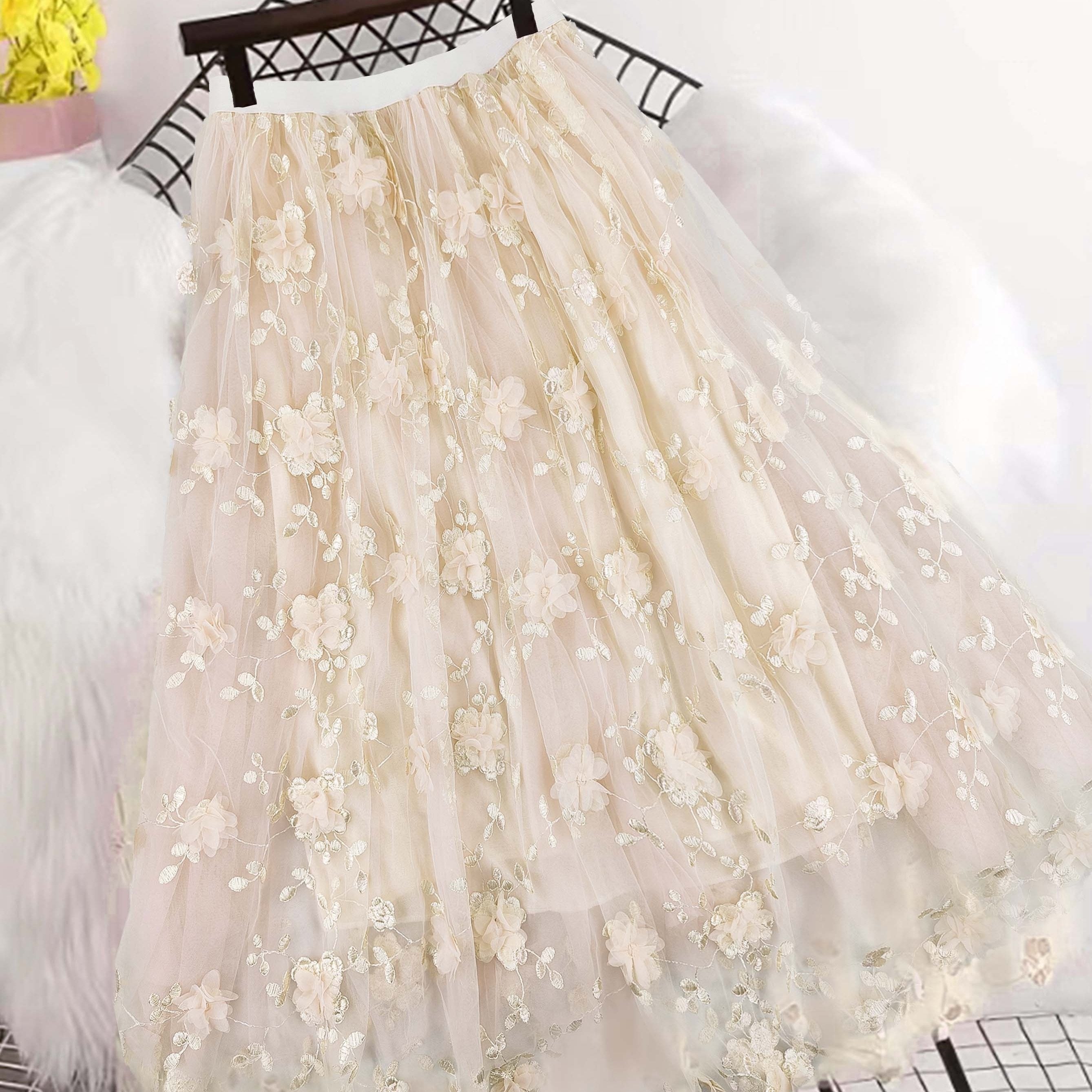 Women's High-Waist A-Line Midi Skirt with Tulle and Floral Embroidery Black Spring Summer Polyester