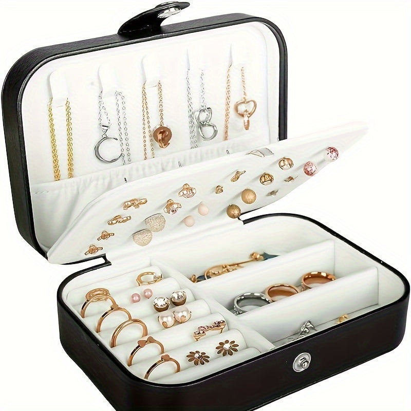 Caja portátil de cuero para organizar joyas para pendientes, collares y anillos