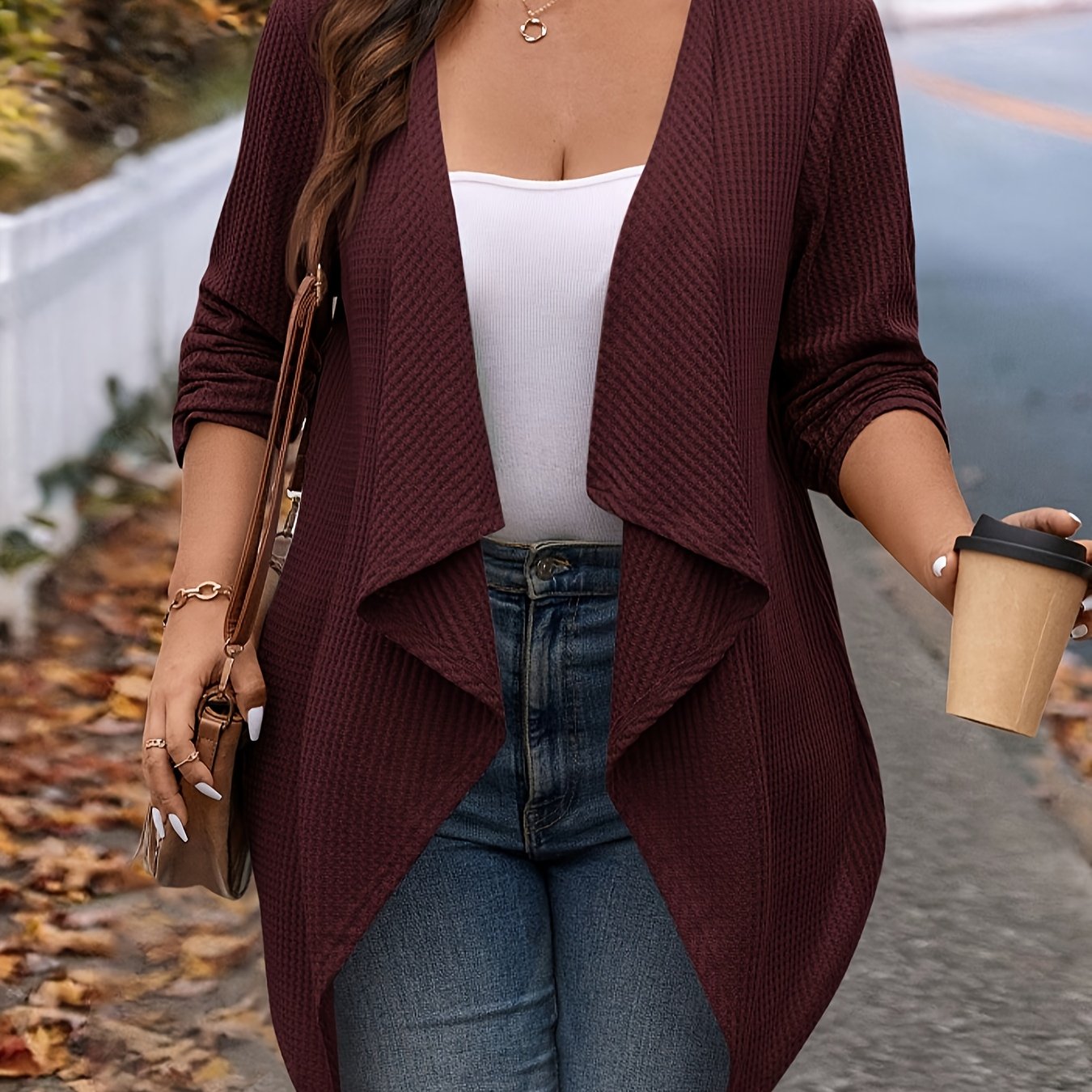 Plus-Size Women's Asymmetrical Hem Cardigan Long Sleeve Open Front Solid Color Layering