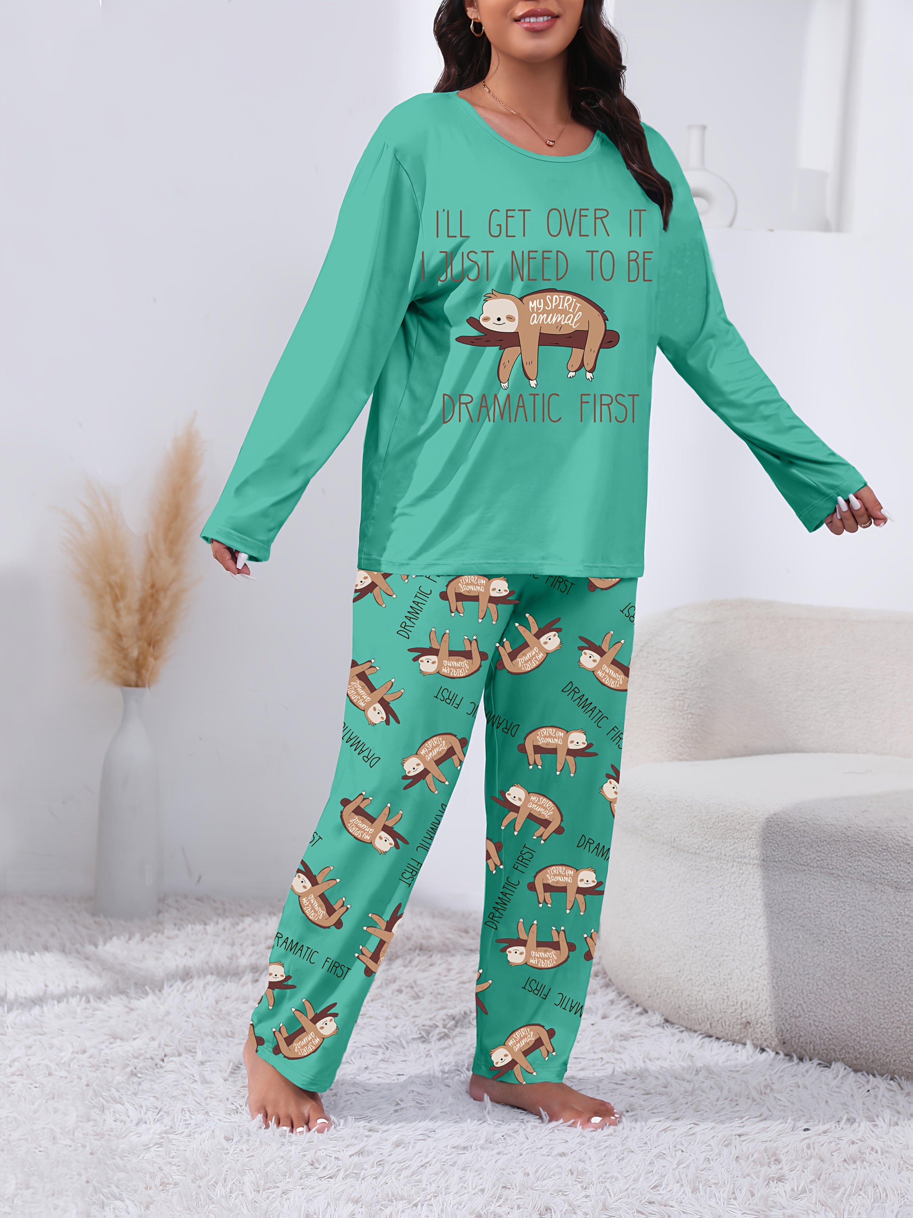Plus Size Women's Pajama Set Soft Polyester Otter Print Long Sleeve Pants