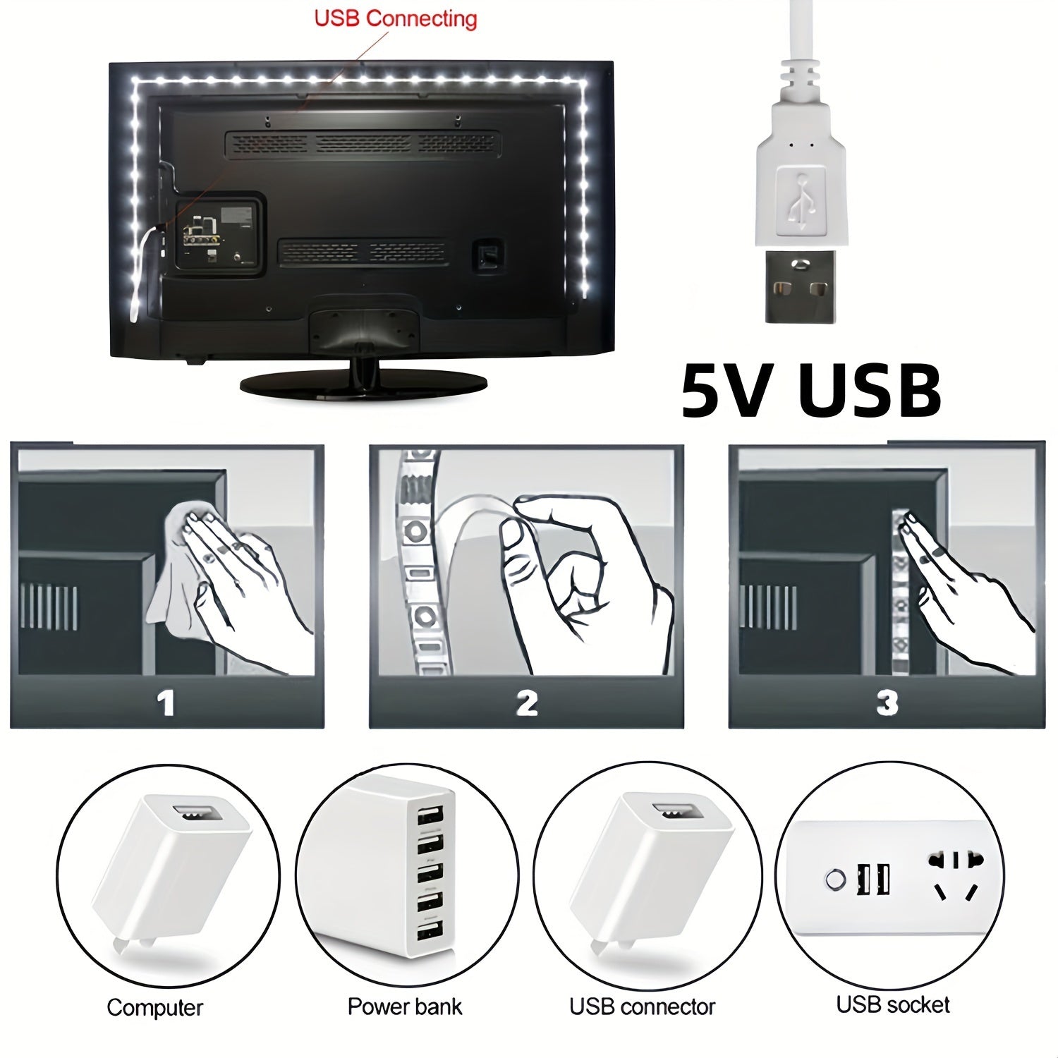 Светодиодная лента USB для подсветки телевизора и домашнего декора, гибкая лента (5В) в белом/теплом белом цвете для спальни, шкафа, кухни DIY - можно резать, самоклеящаяся, не требует батареек - длина