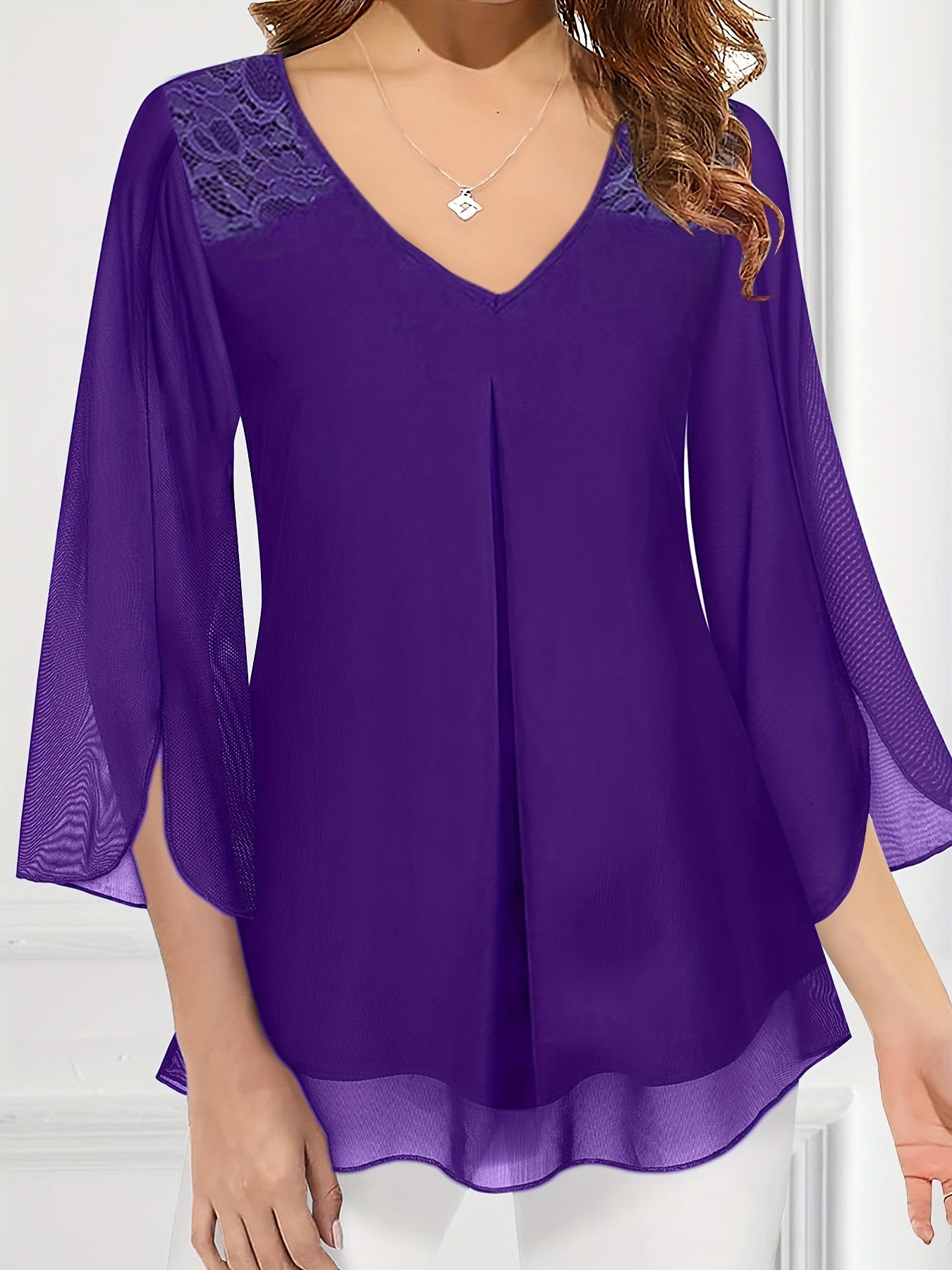 Women's Plus Size V-Neck Blouse with Lace Detail Flared Sleeves Polyester